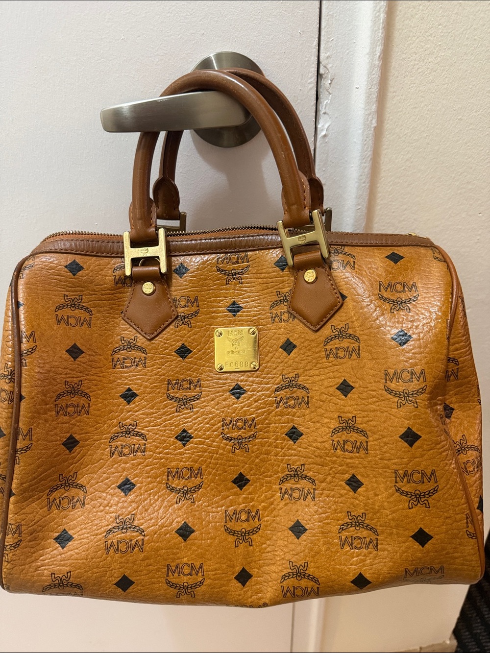 MCM Cognac Visetos Monogram Top-Handle Boston Bag